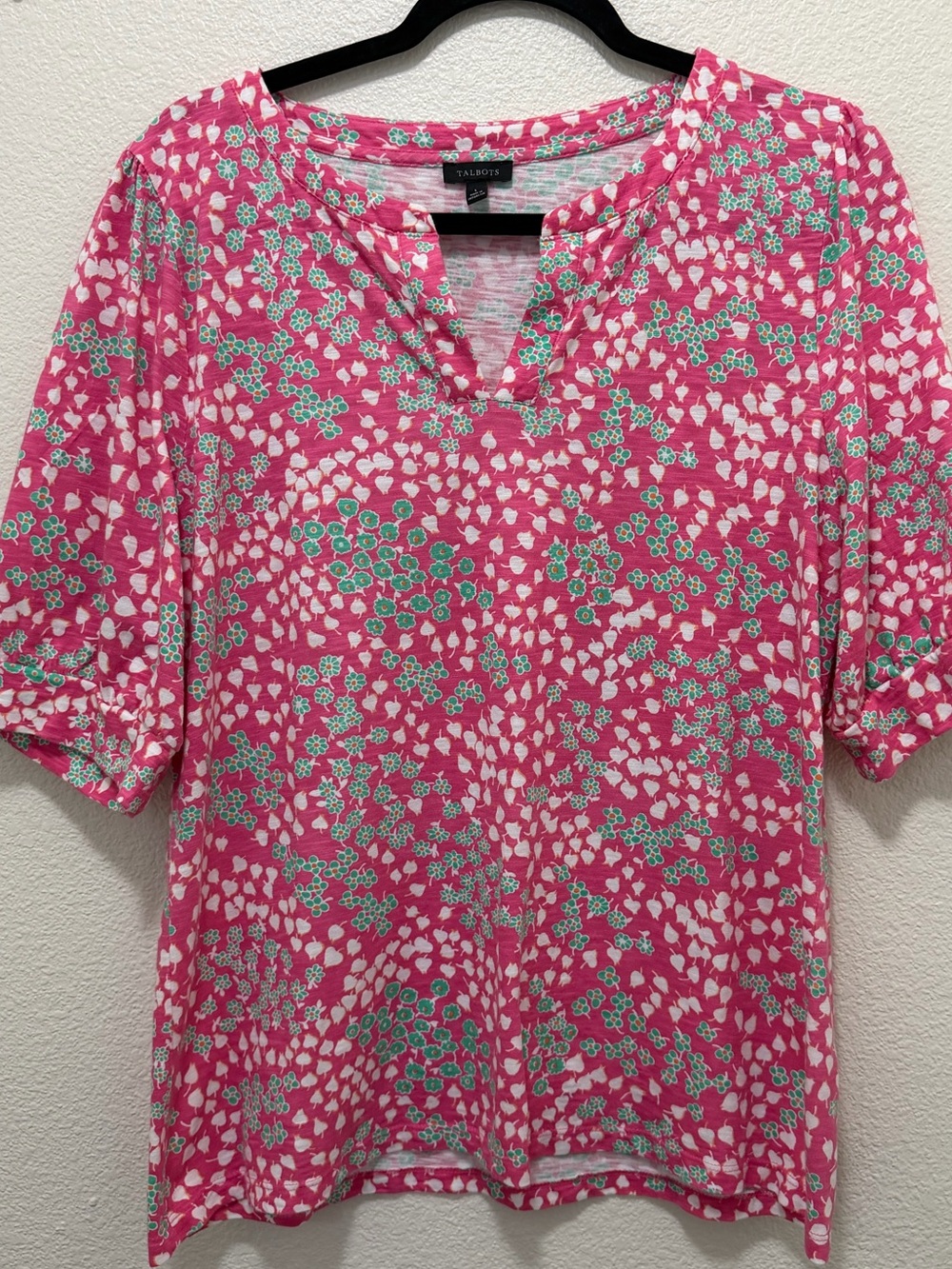 Talbots pink floral short sleeve v-neck blouse, large